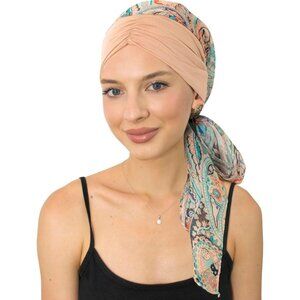 Women’s Beige Paisley Scarf Skull Cap Chemo Headwear Hair Loss Turban